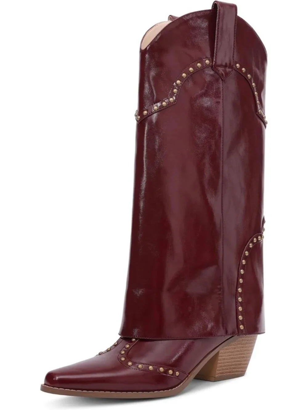 Women's Burgundy Chunky Heel Snip Toe Fold Over Cowgirl Knee High Shark Boots